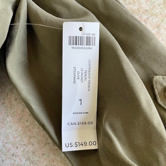 NWT Chicos Jacket Trench Coat Size Medium Green Long Tencel Fall Lightweight - Picture 10 of 11